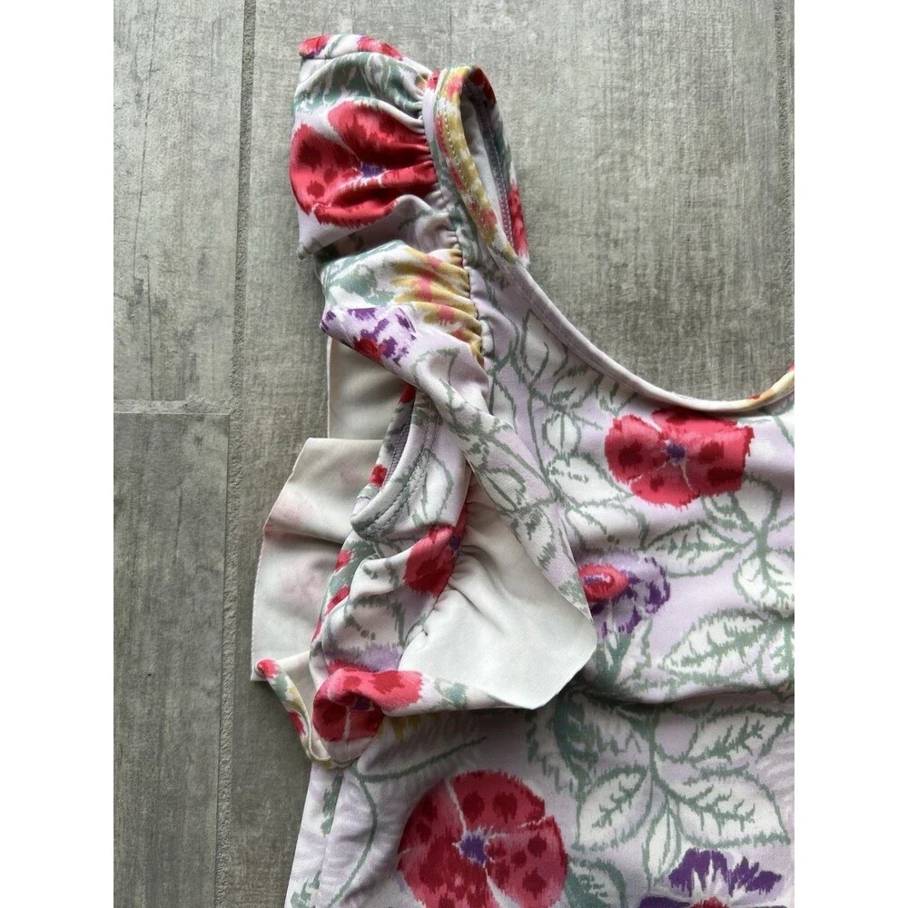 Girls One Piece Ruffle Floral Hawaiian Print Watercolor Cute Beach Swim S 5-6